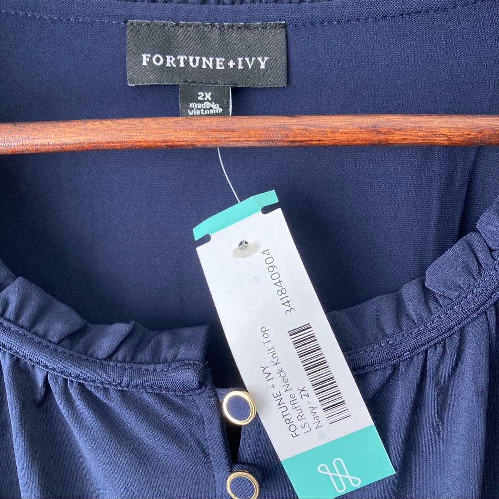 Fortune‎ & Ivy 2X Long Sleeve Ruffle Neck Blouse Top Navy Blue - Picture 5 of 11